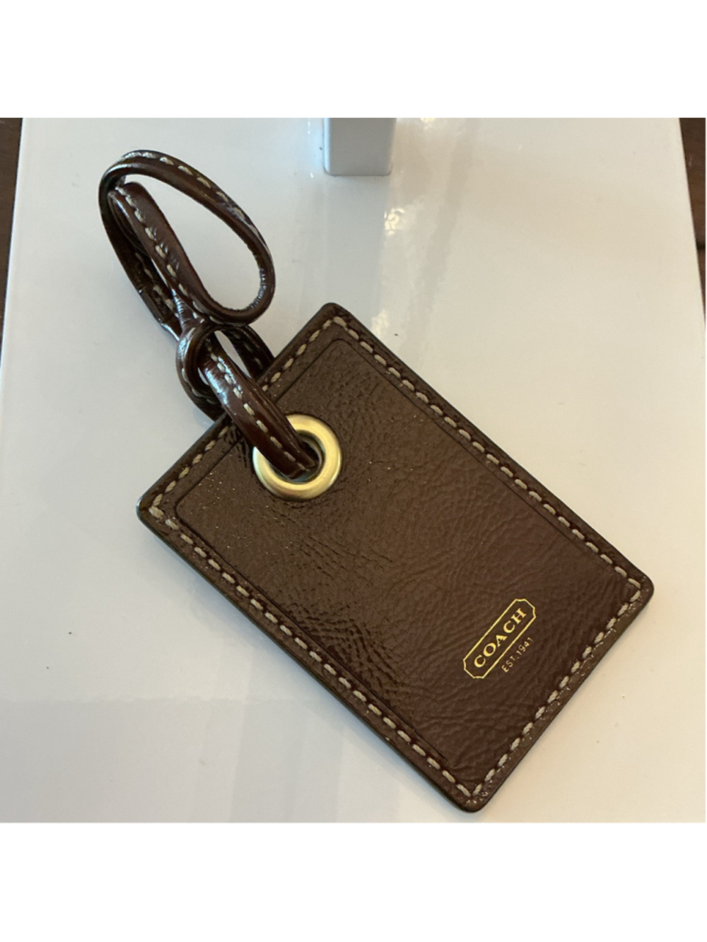 Coach Luggage Tag Brown Patent Leather with Gold Logo